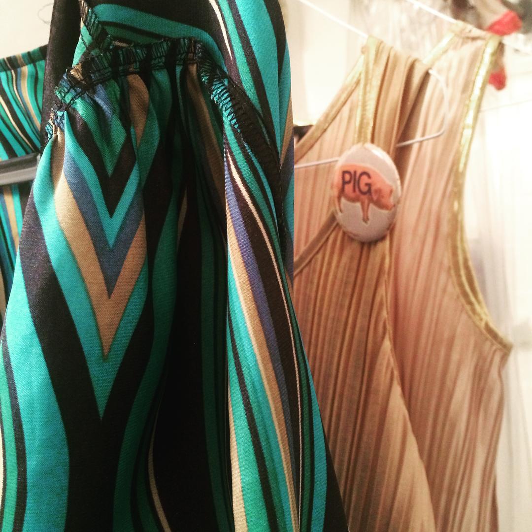 Post #burningman drying rack: twinsies gold #goddess dresses, check; #pucci knockoff #cocktaildress, check; #pig button, check.