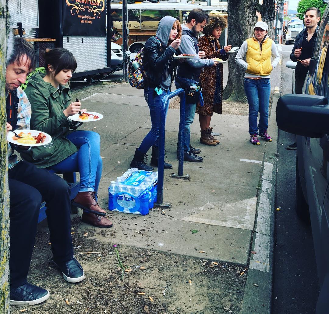 Look at this happy #cast and #crew enjoying delicious #breakfast for @seasidemovie! Thanks @batterpdx again(!) for the fantastic #setlife food! #indiefilm #oregonfilm #thriller #bacon #eggs #potatoes #ohmy!